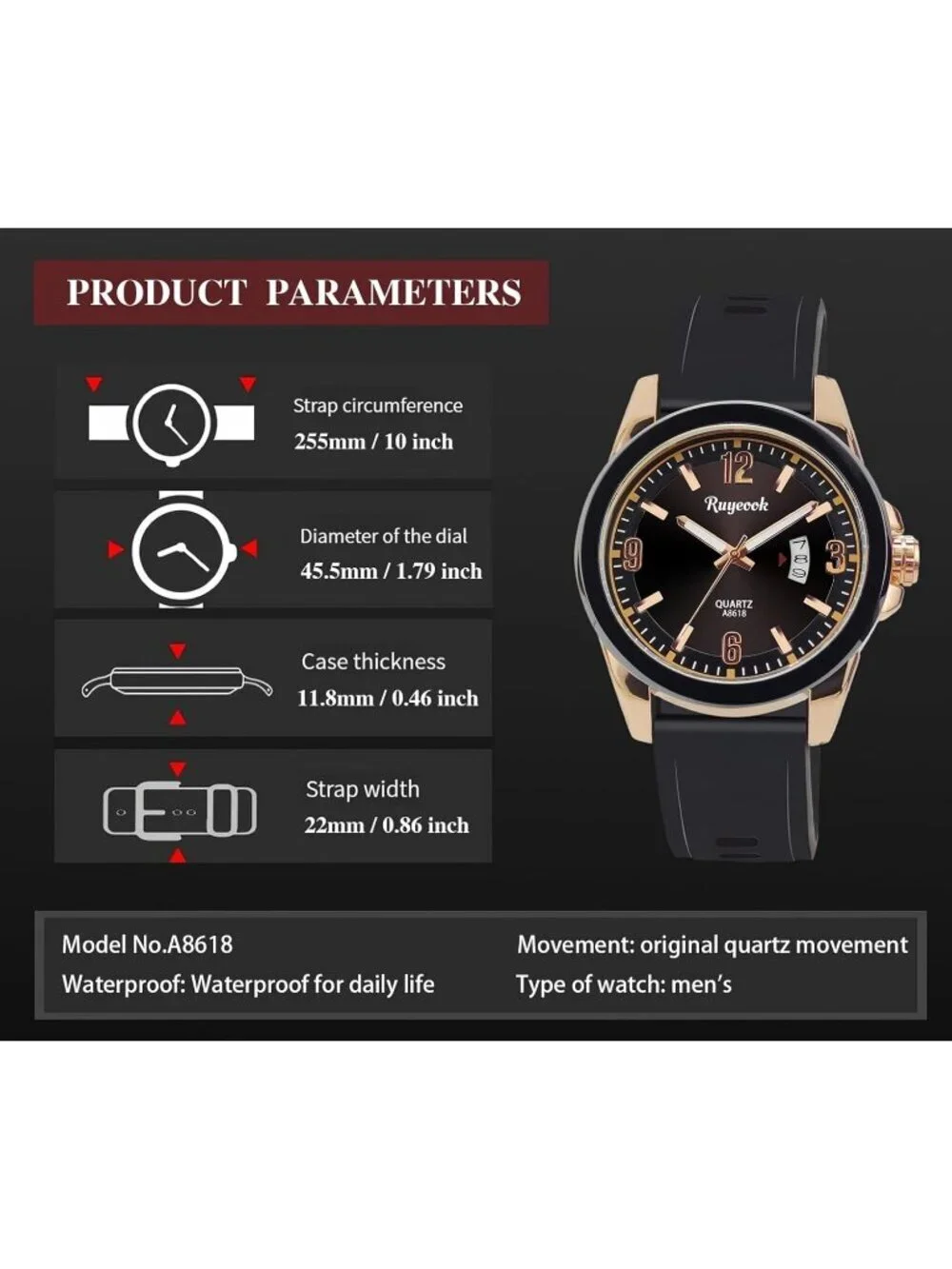 Men's Black And Gold Analog Rubber Silicone Band Waterproof Stylish Wrist Watch